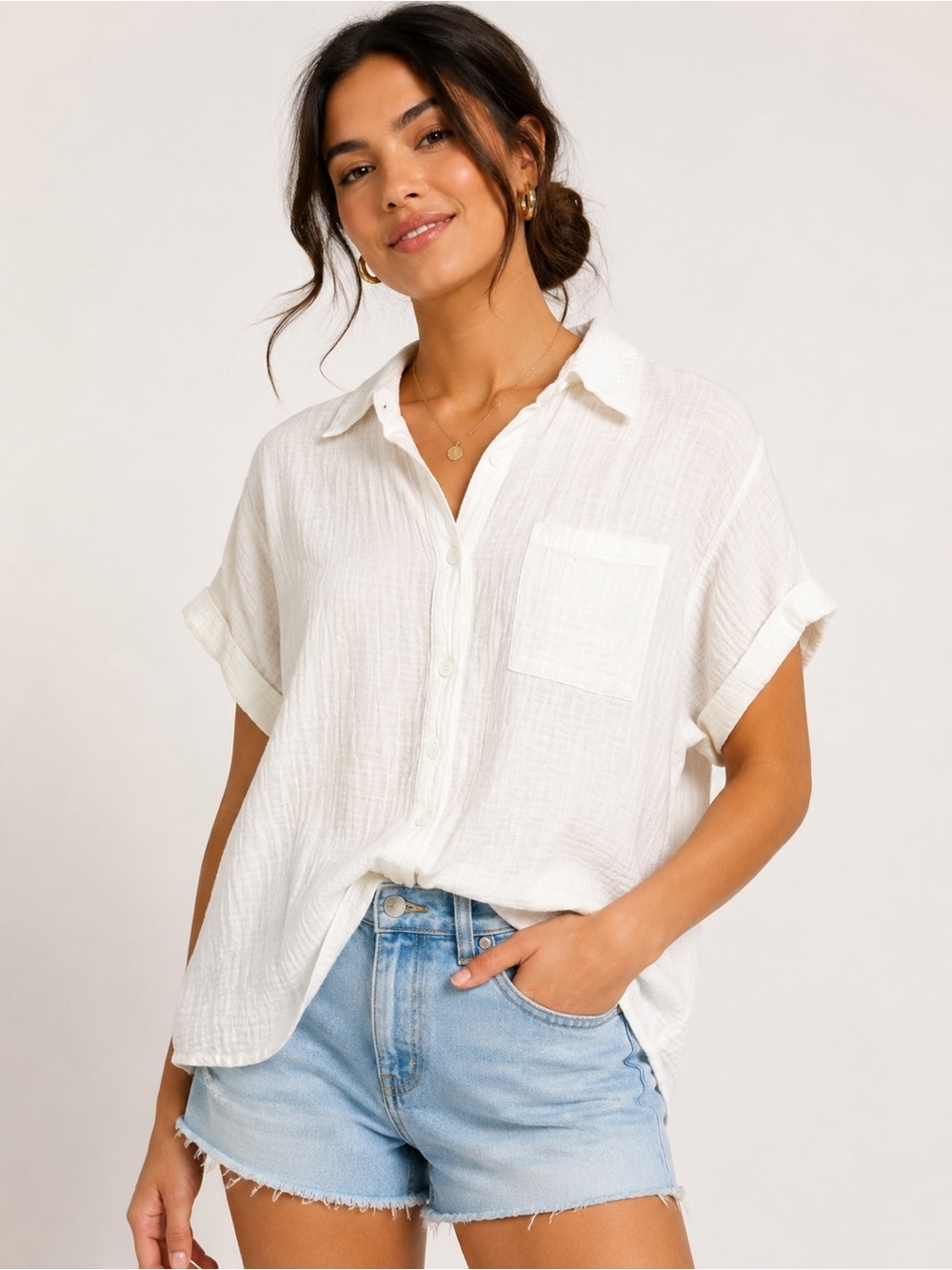 Cupshe Women’s White Gauze Button-Up Shirt Short Sleeve Oversized Beach Cover Up